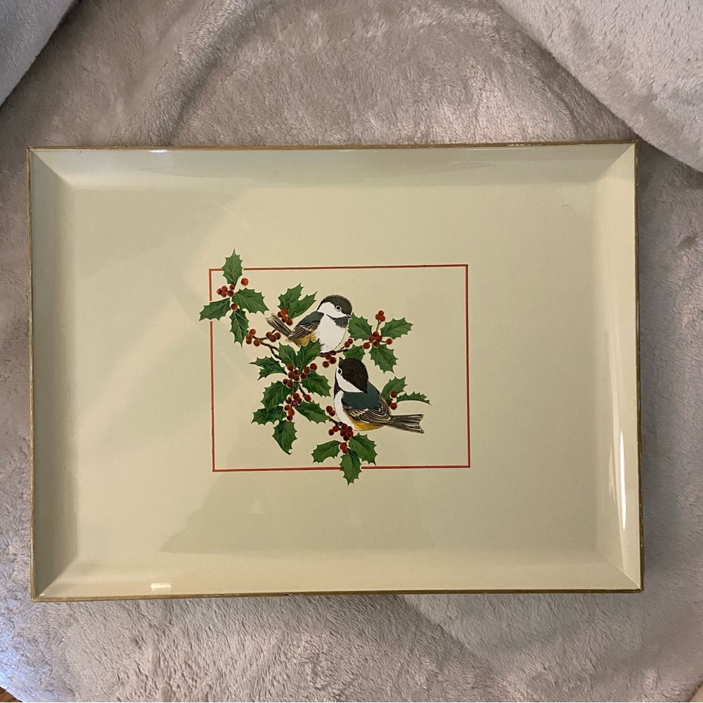 Otagiri Vintage Lacquerware Serving Tray Christmas Holiday Birds And Hollyberry
